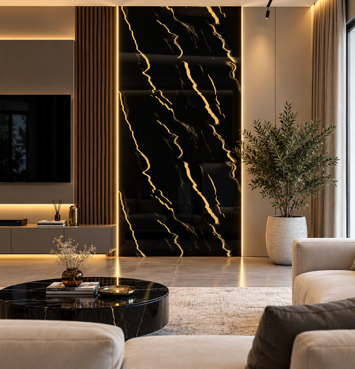 Panou decorativ din PVC, model marmura, negru-auriu