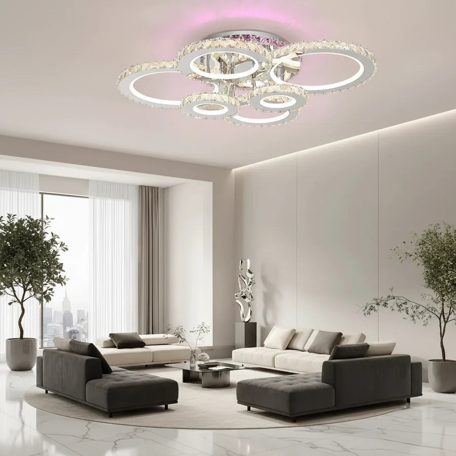 Lustra LED cu telecomanda si cristal NOVA ROTONDA RGB 144W, 6 Cercuri, lumina Rece/Calda/Neutra, Dimabila, Crom Lucios