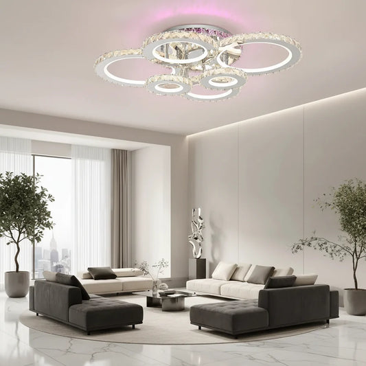 Lustra LED cu telecomanda si cristal NOVA ROTONDA RGB 144W, 6 Cercuri, lumina Rece/Calda/Neutra, Dimabila, Crom Lucios