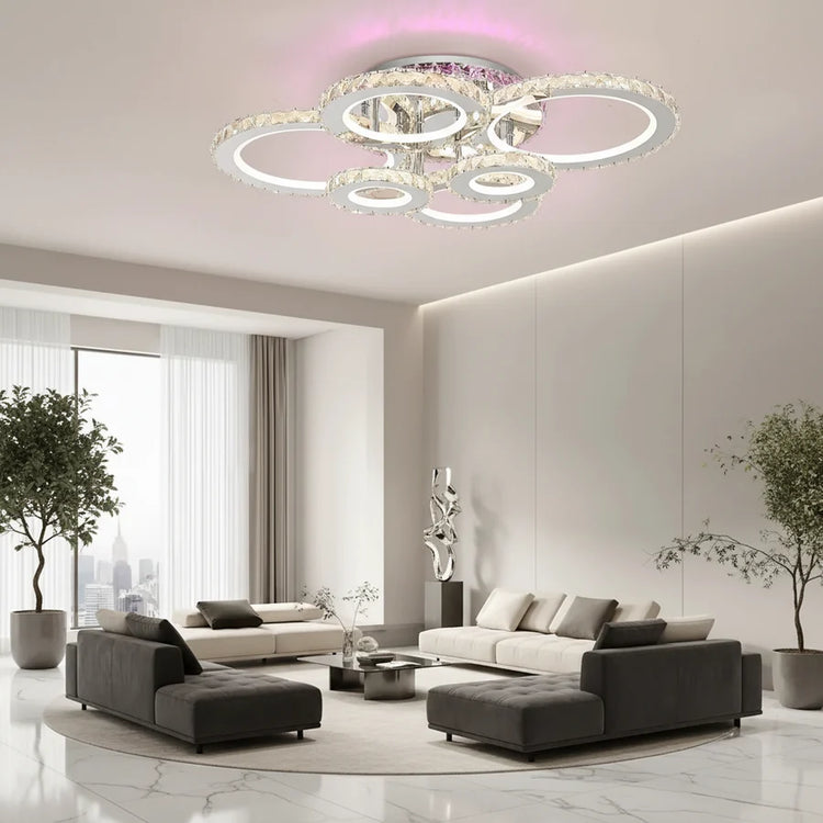 Lustra LED cu telecomanda si cristal NOVA ROTONDA RGB 144W, 6 Cercuri, lumina Rece/Calda/Neutra, Dimabila, Crom Lucios