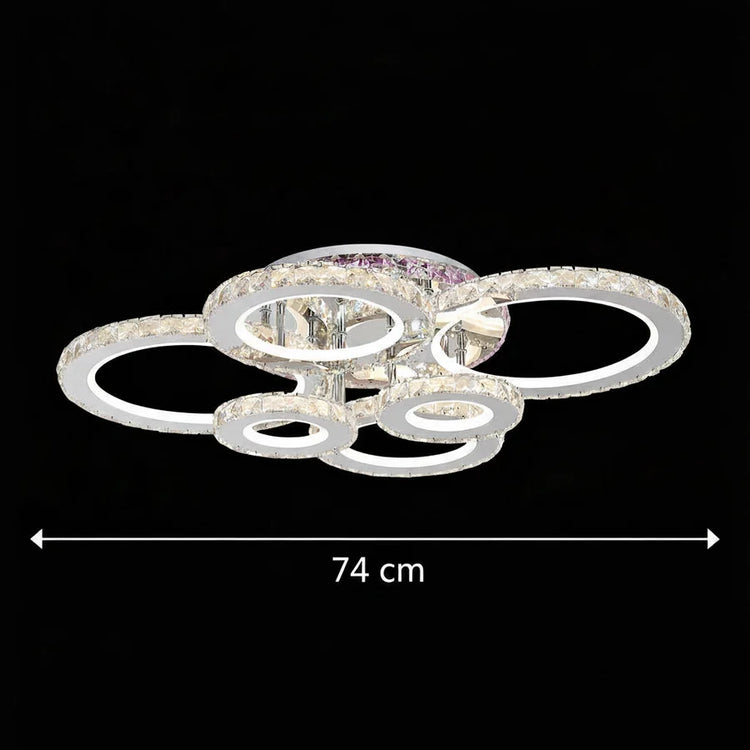 Lustra LED cu telecomanda si cristal NOVA ROTONDA RGB 144W, 6 Cercuri, lumina Rece/Calda/Neutra, Dimabila, Crom Lucios