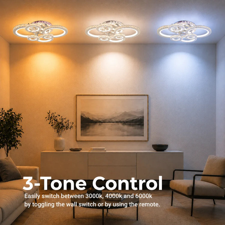 Lustra LED cu telecomanda si cristal NOVA ROTONDA RGB 144W, 6 Cercuri, lumina Rece/Calda/Neutra, Dimabila, Crom Lucios