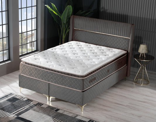 Pat Mamu, 160x200 cm, gri, cu saltea si somiera metalica rabatabila