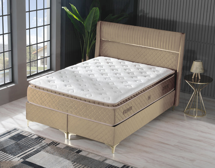 Pat Mamu, 160x200 cm, cappuccino, cu saltea si somiera metalica rabatabil