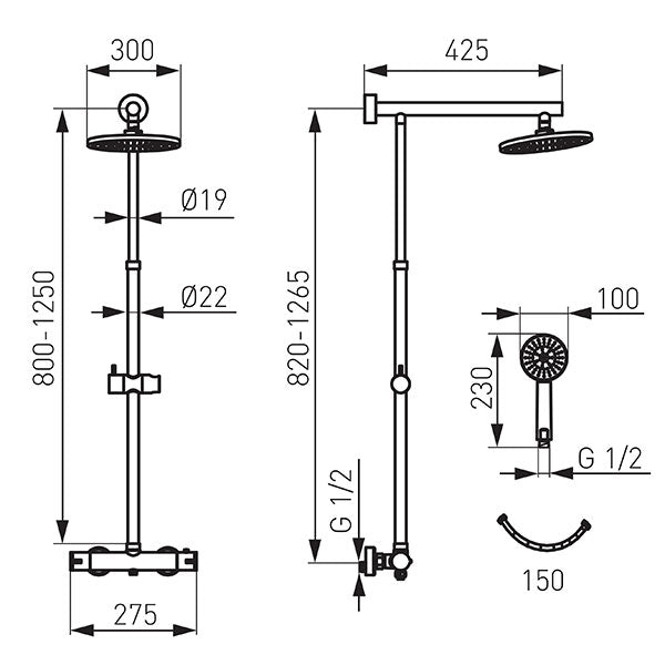 Trevi - Sistem de dus cu baterie termostatata, negru mat, NP75-TRV7U-BL