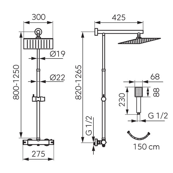 Trevi Square - Sistem de dus cu baterie termostatata, crom, NP75SQ-TRV7U