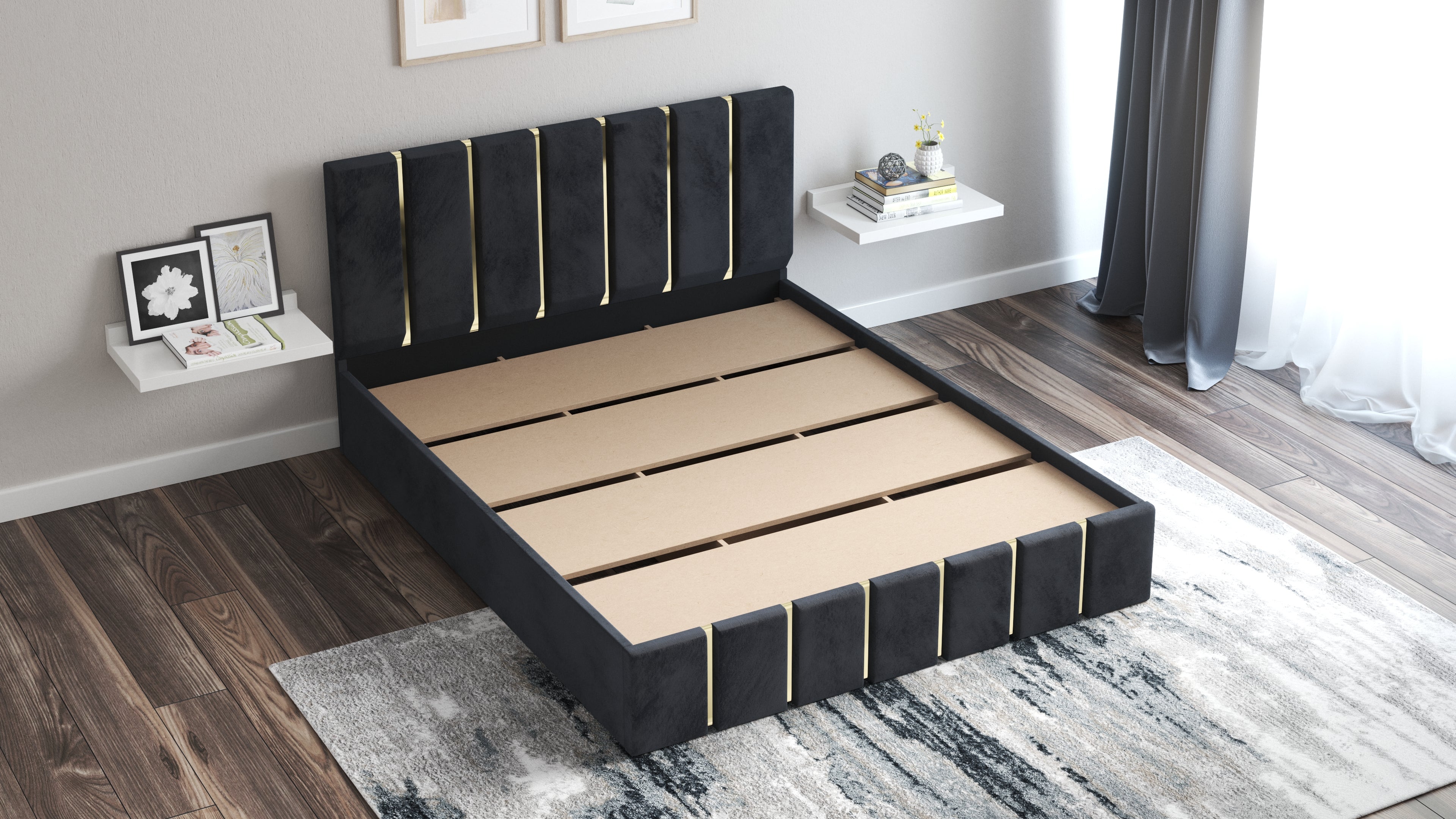 Pat Venezia, 160x200 cm, fara picioare, negru/auriu, suport saltea