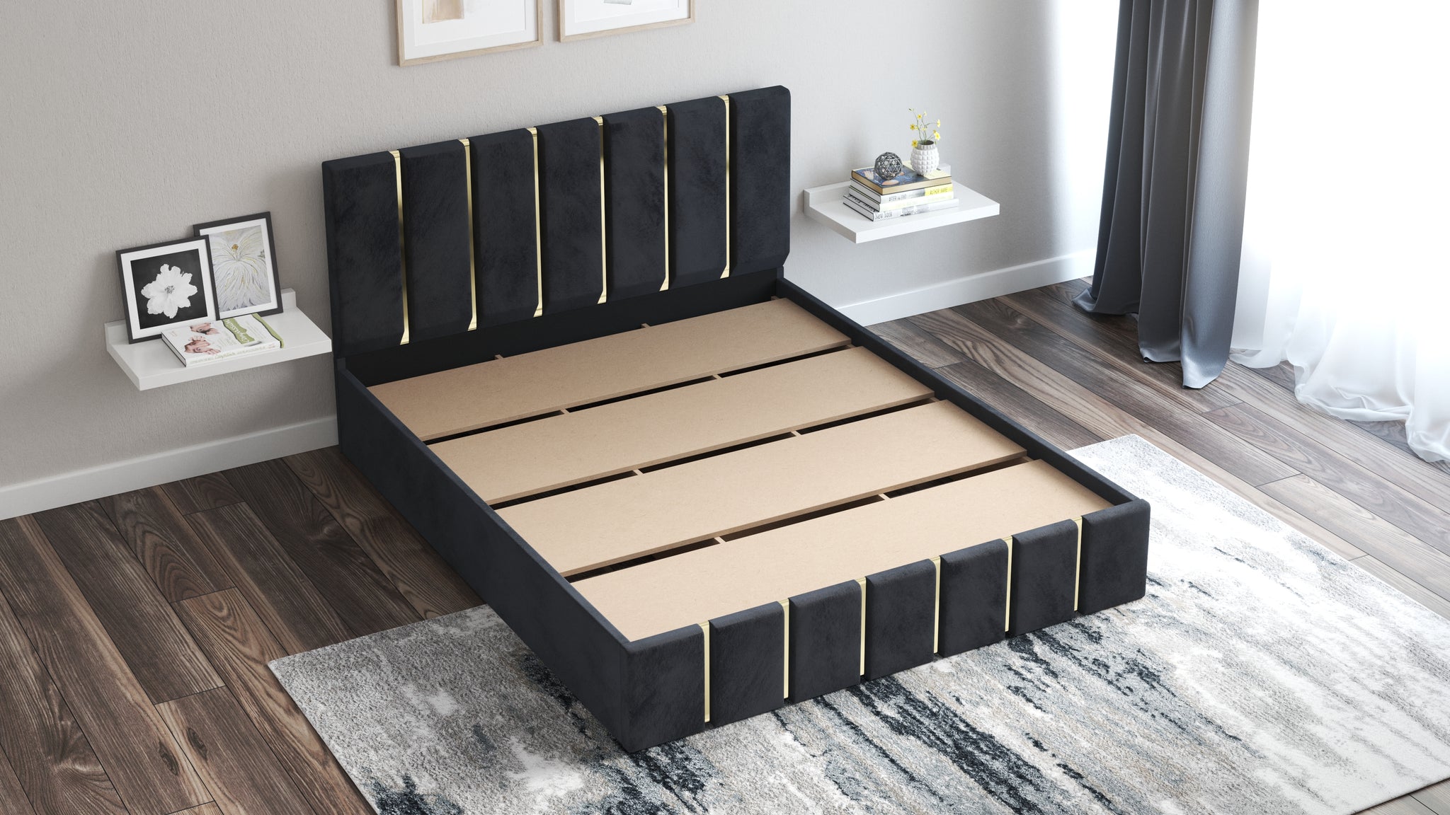 Pat Venezia, 160x200 cm, fara picioare, negru/auriu, suport saltea