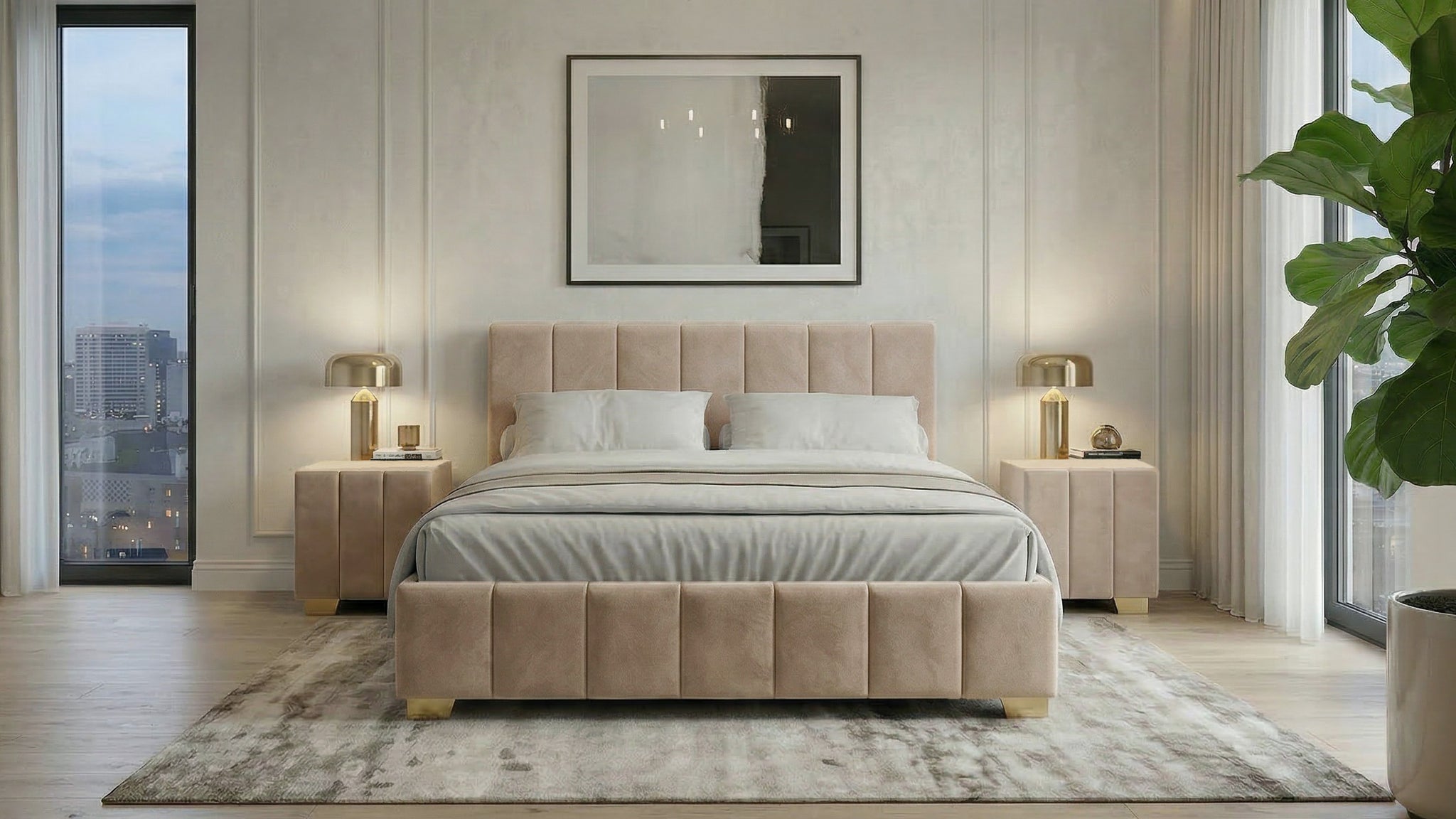 Set pat Cozy, 160x200 cm, suport saltea cu doua noptiere tapitate, gri inchis