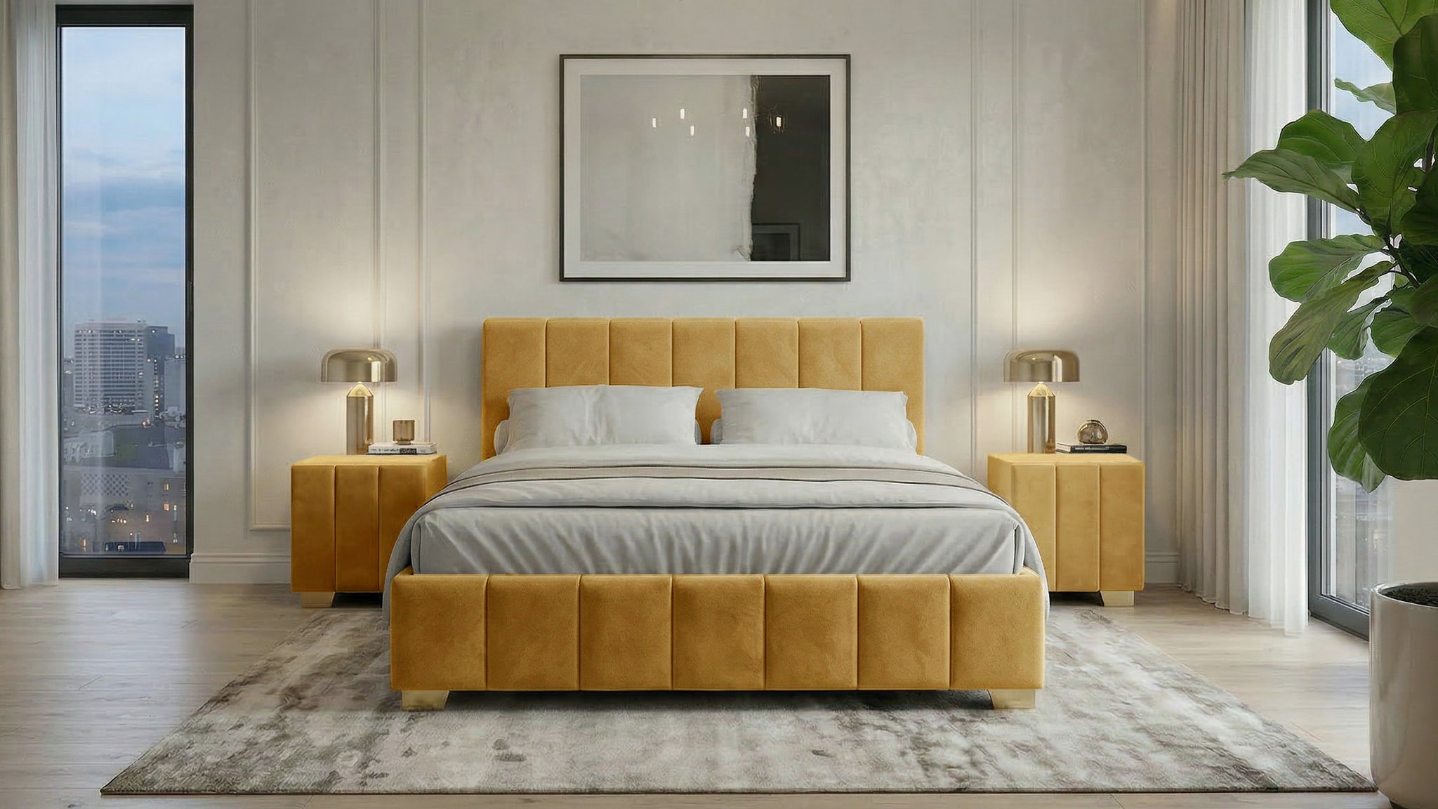 Set pat Cozy, 160x200 cm, suport saltea cu doua noptiere tapitate, gri inchis