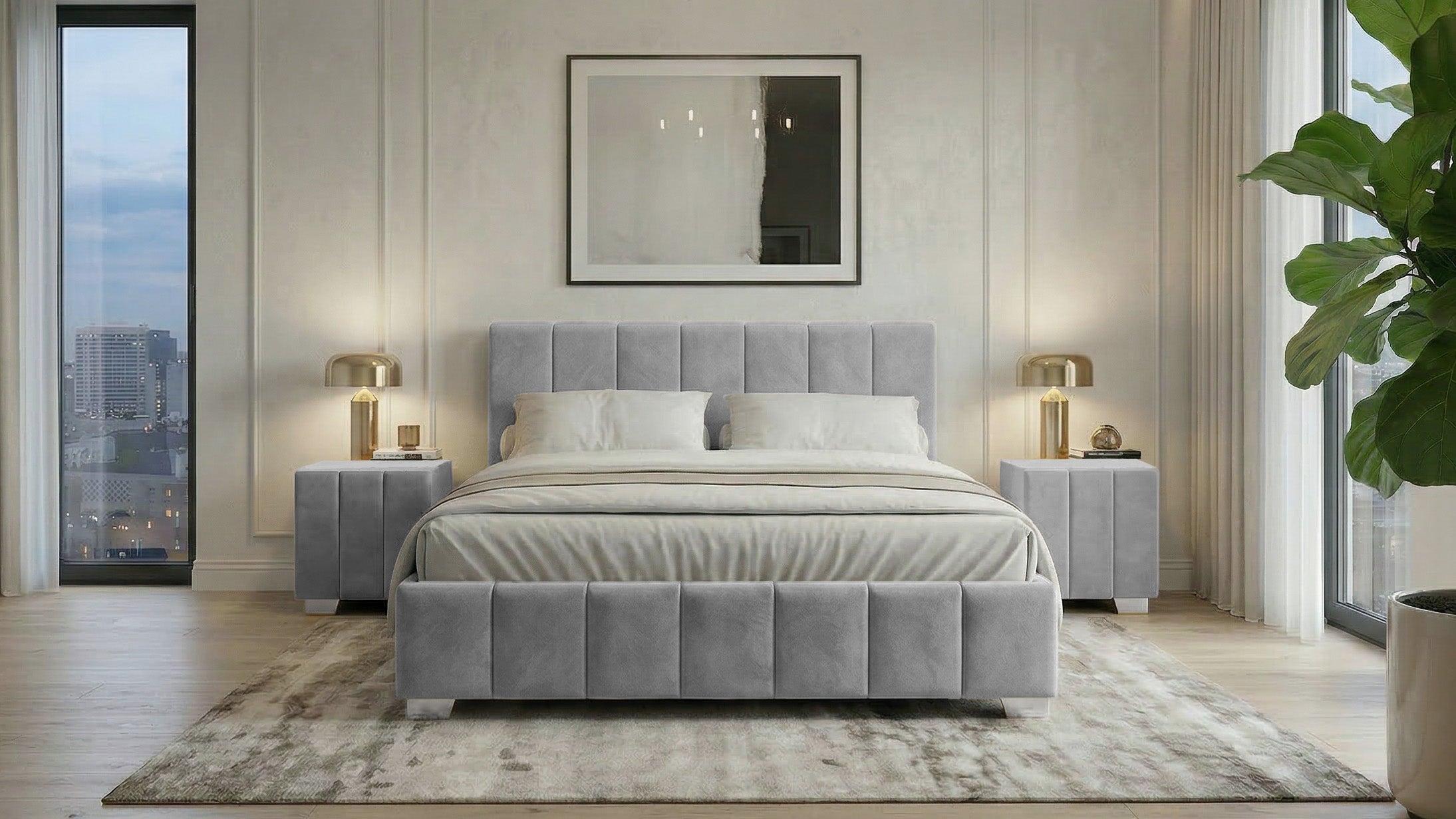 Set pat Cozy, 160x200 cm, suport saltea cu doua noptiere tapitate, gri inchis