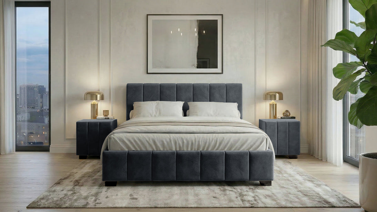 Set pat Cozy, 160x200 cm, suport saltea cu doua noptiere tapitate