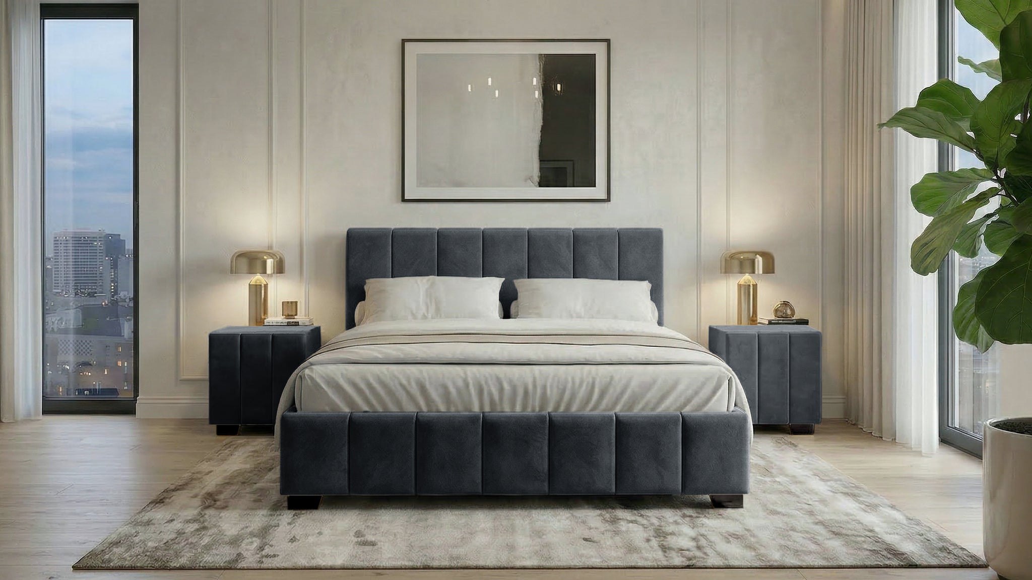 Set pat Cozy, 160x200 cm, suport saltea cu doua noptiere tapitate, gri inchis