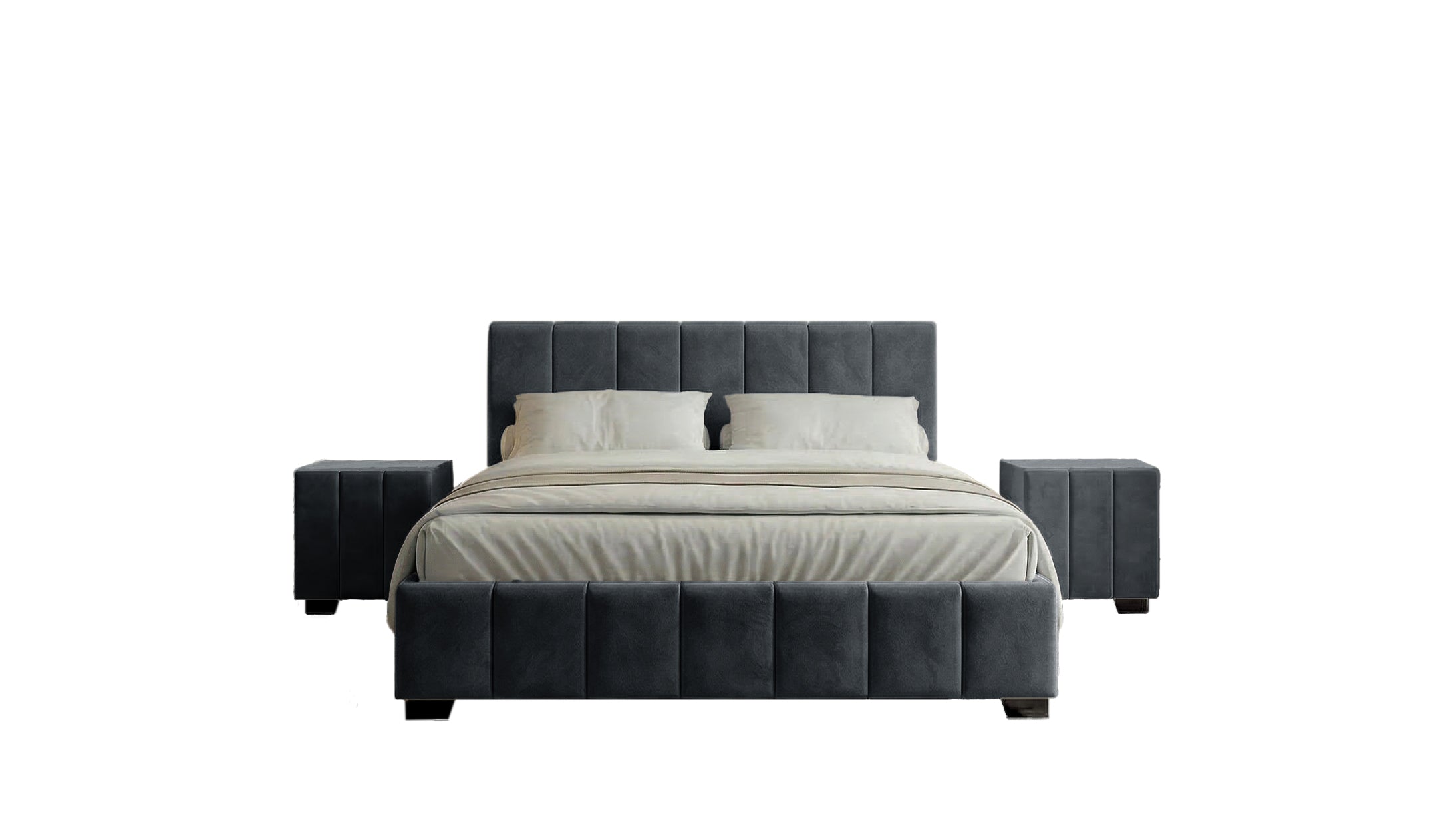 Set pat Cozy, 160x200 cm, suport saltea cu doua noptiere tapitate, gri inchis