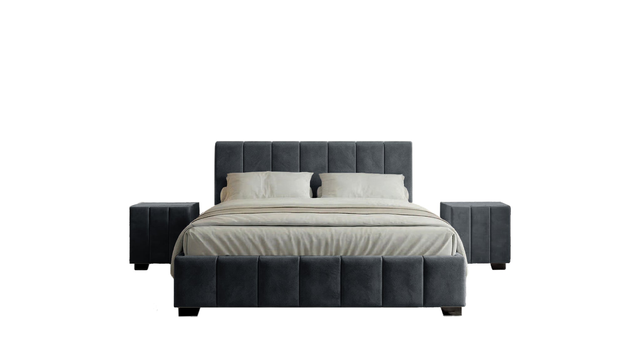 Set pat Cozy, 160x200 cm, suport saltea cu doua noptiere tapitate, gri inchis