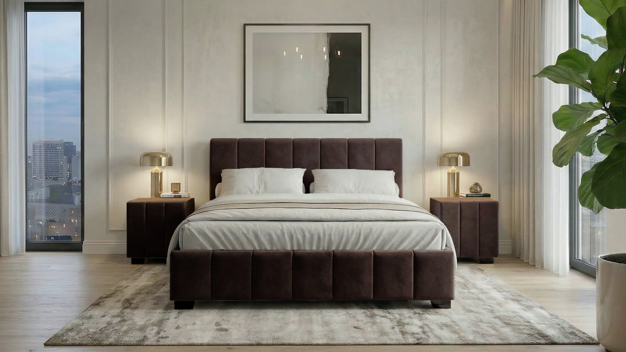 Set pat Cozy, 160x200 cm, suport saltea cu doua noptiere tapitate, gri inchis