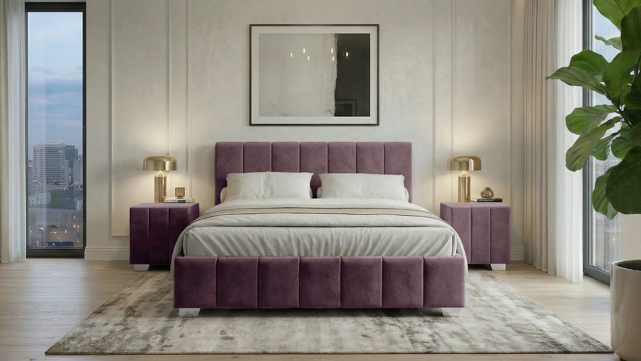 Set pat Cozy, 160x200 cm, suport saltea cu doua noptiere tapitate, gri inchis