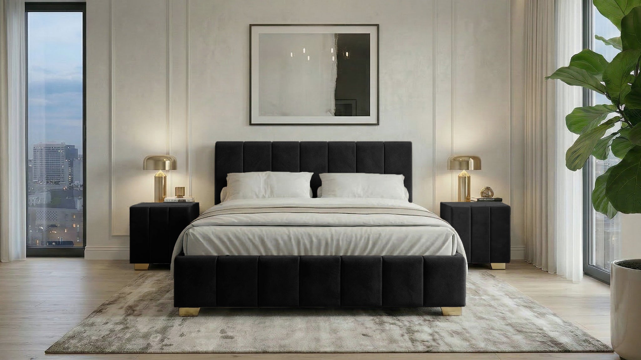 Set pat Cozy, 160x200 cm, suport saltea cu doua noptiere tapitate, gri inchis