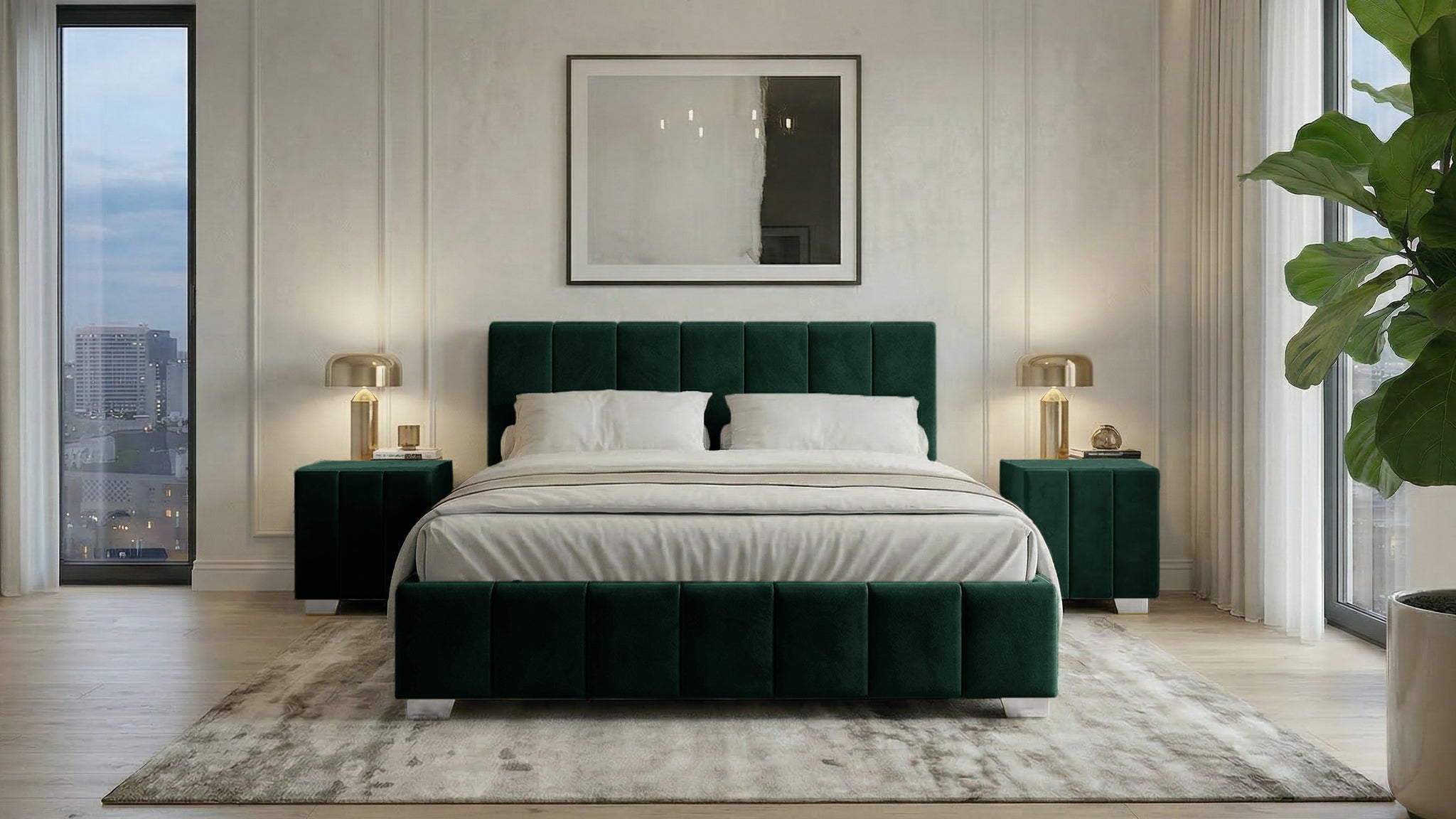 Set pat Cozy, 160x200 cm, suport saltea cu doua noptiere tapitate, gri inchis