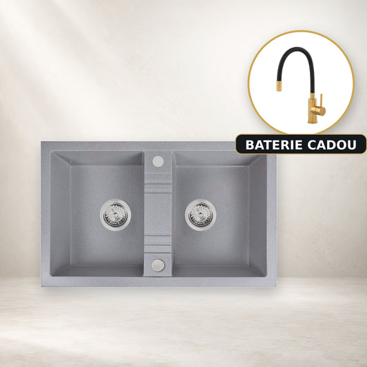 Chiuveta cu Doua Cuve, 78x48 cm, Gri + Baterie Flexibila Cadou