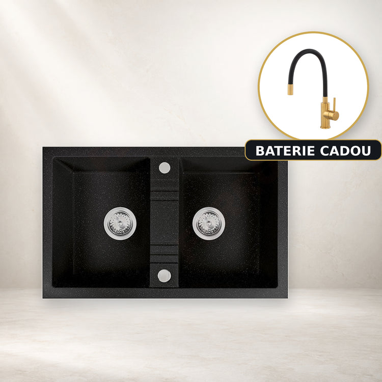 Chiuveta cu Doua Cuve, 78x48 cm, Grafit lucios + Baterie Flexibila Cadou