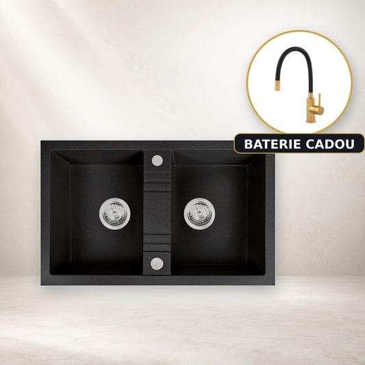 Chiuveta cu Doua Cuve, 78x48 cm, Grafit + Baterie Flexibila Cadou
