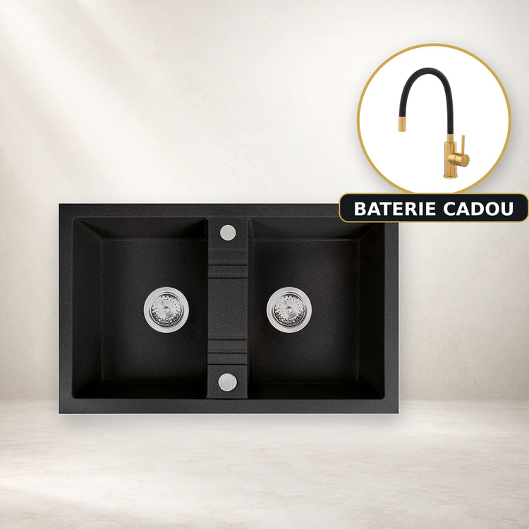 Chiuveta cu Doua Cuve, 78x48 cm, Grafit + Baterie Flexibila Cadou