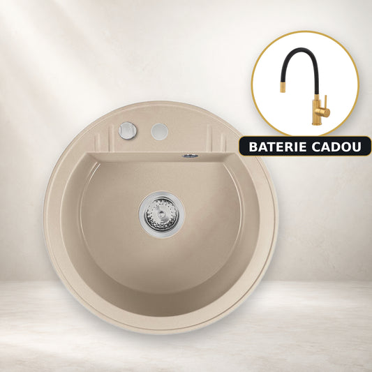 Chiuveta Rotunda cu O Cuva, Ø51 cm, Nisip + Baterie Flexibila Cadou