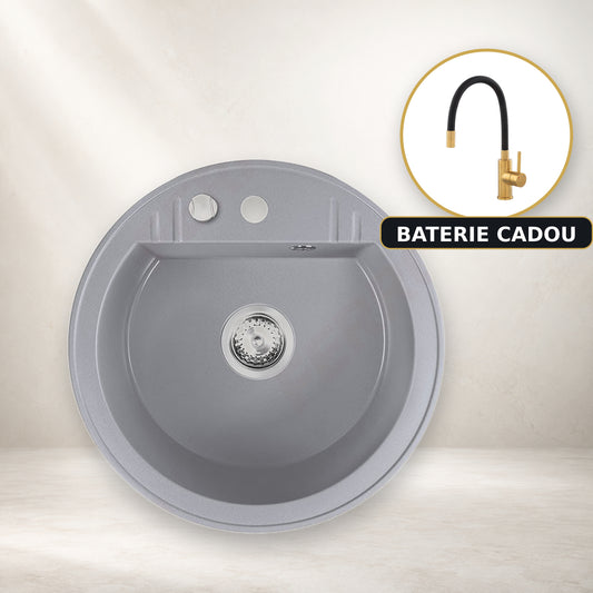 Chiuveta Rotunda cu O Cuva, Ø51 cm, Gri + Baterie Flexibila Cadou