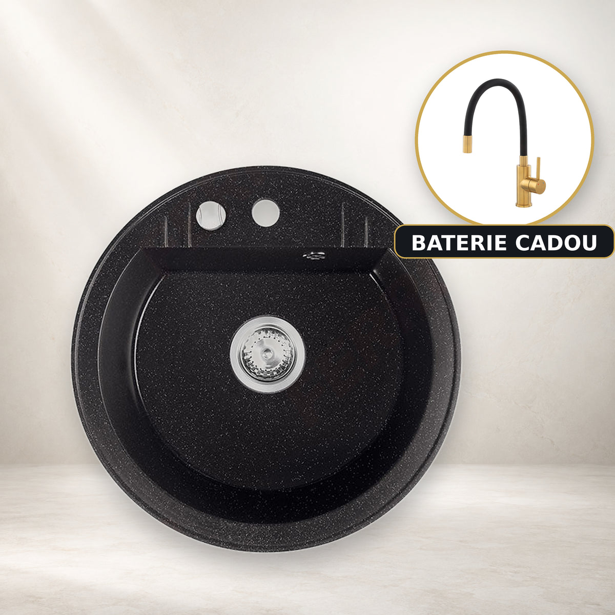 Chiuveta Rotunda cu O Cuva, Ø51 cm, Grafit Lucios + Baterie Flexibila Cadou