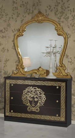 Dormitor Vilma Negru-Auriu, Dulap 261 cm, Pat 160x200 cm, 2 Noptiere, Comoda, somiera metalica si saltea incluse