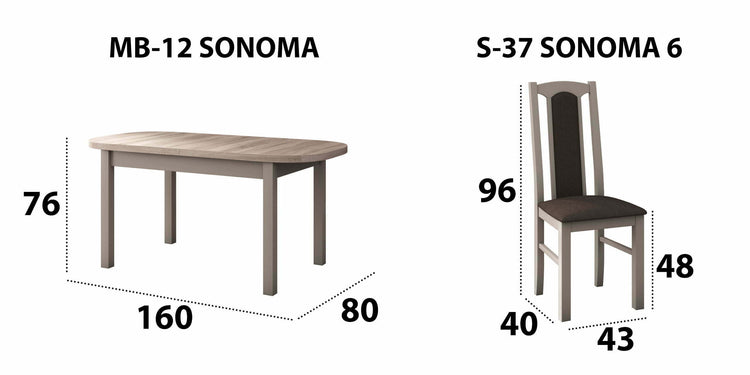 Set masa extensibila 160x200cm cu 4 scaune tapitate, mb-12 venus1 si s-37 boss7 s6, sonoma, lemn masiv de fag, stofa