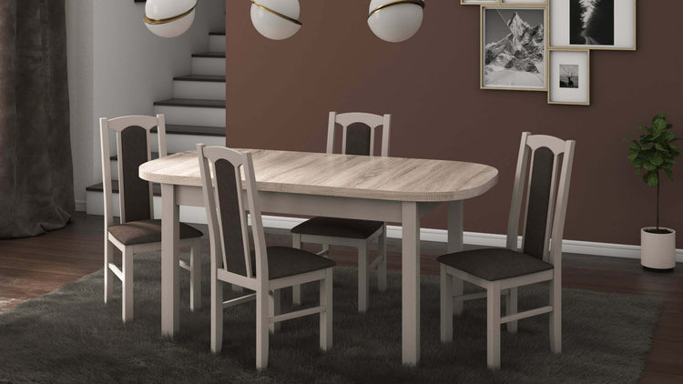 Set masa extensibila 160x200cm cu 4 scaune tapitate, mb-12 venus1 si s-37 boss7 s6, sonoma, lemn masiv de fag, stofa