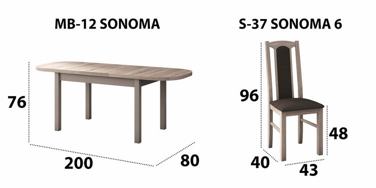 Set masa extensibila 160x200cm cu 4 scaune tapitate, mb-12 venus1 si s-37 boss7 s6, sonoma, lemn masiv de fag, stofa