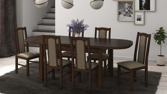 Set masa extensibila 160x200cm cu 6 scaune tapitate, mb-12 venus1 si s-37 boss7 30B, nuc, lemn masiv de fag, stofa