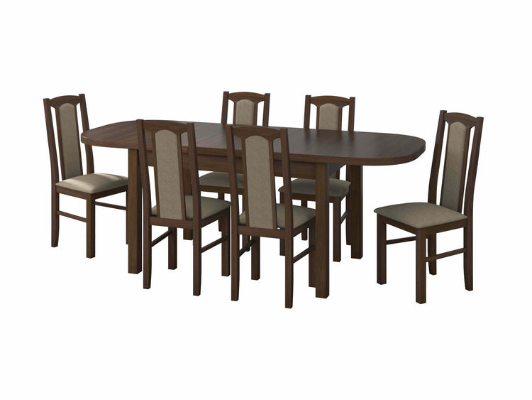 Set masa extensibila 160x200cm cu 6 scaune tapitate, mb-12 venus1 si s-37 boss7 30B, nuc, lemn masiv de fag, stofa