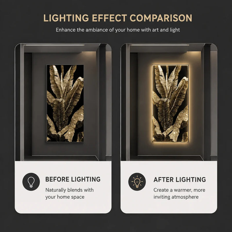 Tablou Decorativ cu Iluminare LED Frunze de Bananier, 80 x 160 cm, 24W, Lumina Neutra, Aliaj de Aluminiu si MDF-2