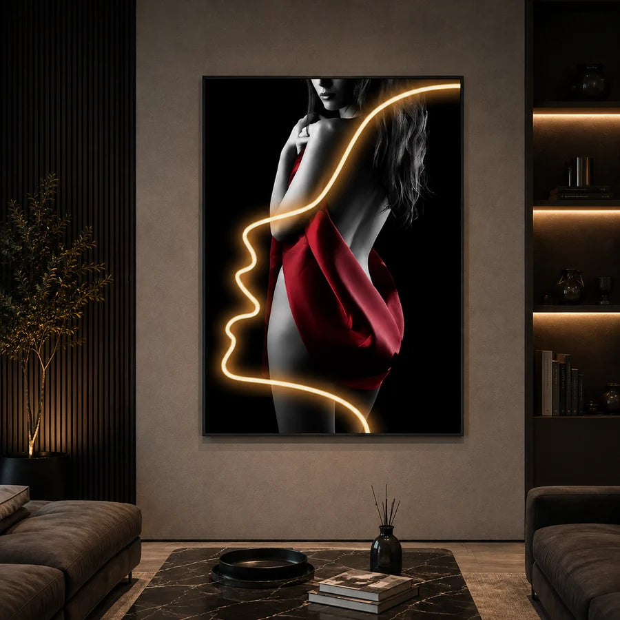 Tablou Decorativ cu Iluminare LED Silueta in Rosu, 60 x 80 cm, 24W, Lumina Neutra, Aliaj de Aluminiu si MDF-1