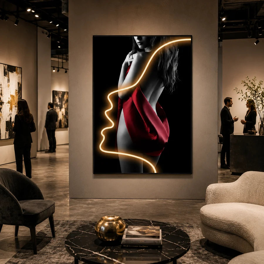 Tablou Decorativ cu Iluminare LED Silueta in Rosu, 60 x 80 cm, 24W, Lumina Neutra, Aliaj de Aluminiu si MDF-6