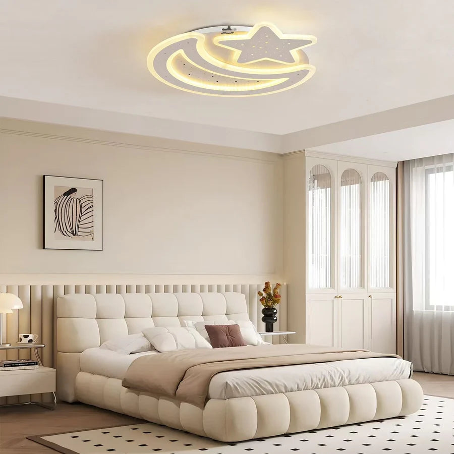 Lustra LED cu telecomanda CORALIA 81W, Luna si Stea, lumina Rece/Calda/Neutra Dimabila Alb