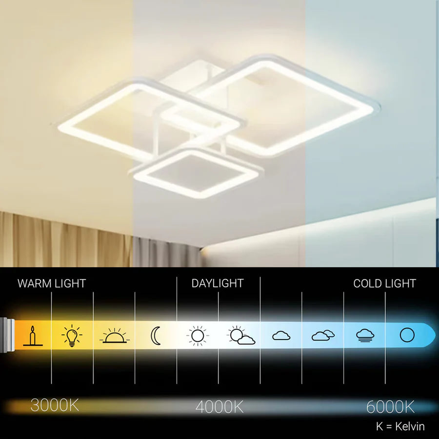 Lustra LED cu telecomanda ZOE, 60W, 3 Patrate, lumina Rece/Calda/Neutra, Dimabila, Alb