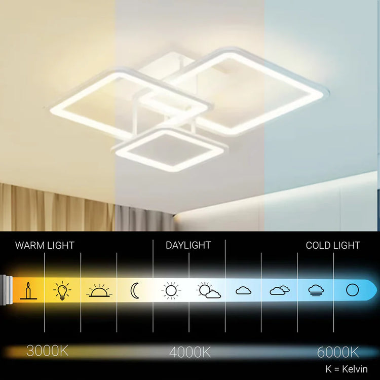 Lustra LED cu telecomanda ZOE, 60W, 3 Patrate, lumina Rece/Calda/Neutra, Dimabila, Alb
