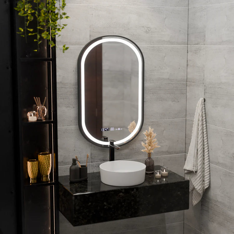 Oglinda LED Senzor Helmut Sistem Dezaburire, Ceas si Temperatura 50x80 cm Rama Negru Brushed Marcello Funghi