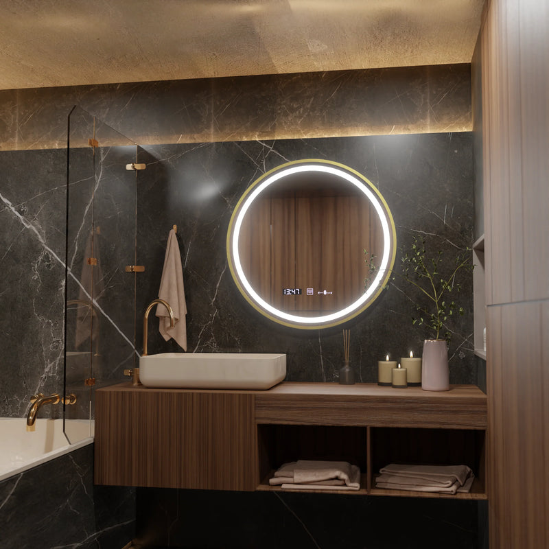 Oglinda LED Rotunda, 60cm, Celeste Royale Gold MotionGlow Marcello, Sistem Dezaburire, Ceas & Termometru, Dimabila-1