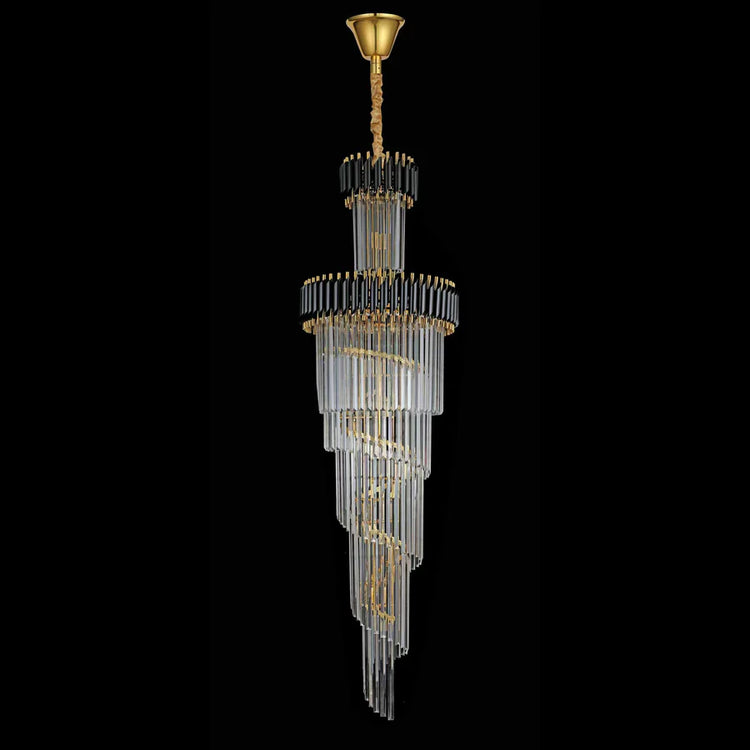 Candelabru Cristal CC900/700X2200, 34xE14, Diametru 70cm, Inaltime 220cm, Auriu Lucios si Negru, Inaltime Reglabila, Design Elegant