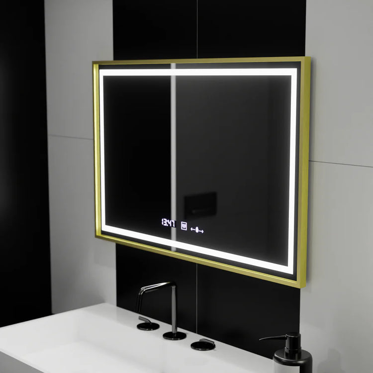 Oglinda LED Rectangulara, 100x65cm, Verite Royale Gold Motion Glow Marcello, Sistem Dezaburire, Ceas & Termometru, Dimabila
