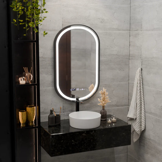Oglinda LED Touch Helmut Sistem Dezaburire, Ceas si Temperatura 50x90 cm Rama Negru Brushed Marcello Funghi