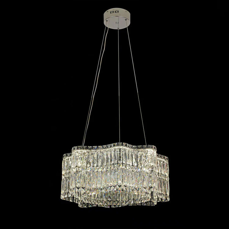 Candelabru Cristal LED cu Telecomanda WAVE Regalis, 52W, Lumina Calda/Rece/Neutra Inaltime Reglabila, Lumina Dimabila, Metal si Cristal