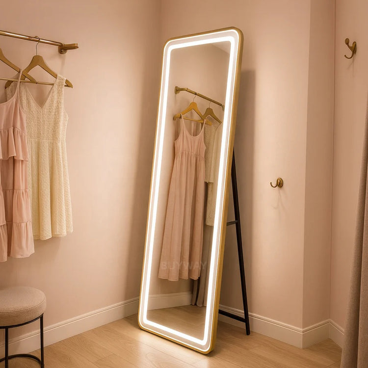 Oglinda LED Rectangulara, Rama Aurie, 50x160cm, Dimabila, Lumina Rece/Calda/Neutra, Dressing Couture