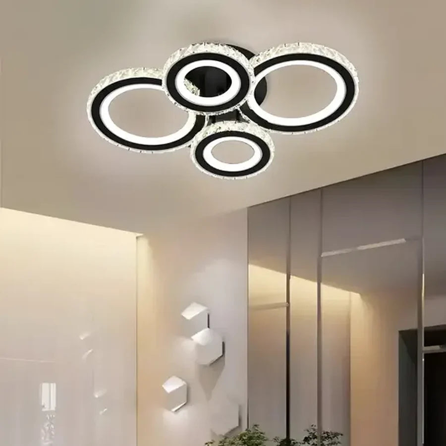 Lustra LED cu telecomanda si cristal NOVA ROTONDA RGB 68W, 4 Cercuri, lumina Rece/Calda/Neutra, Dimabila, Negru